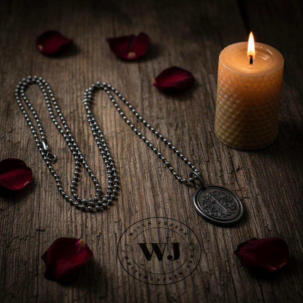 Gothic Oval Cross Charm in gunmetal tone, sealing wax style, on a ball chain…displayed on a rustic piece of wood with the Witch Joseph logo burned into the wood and sprinkled with rose petals