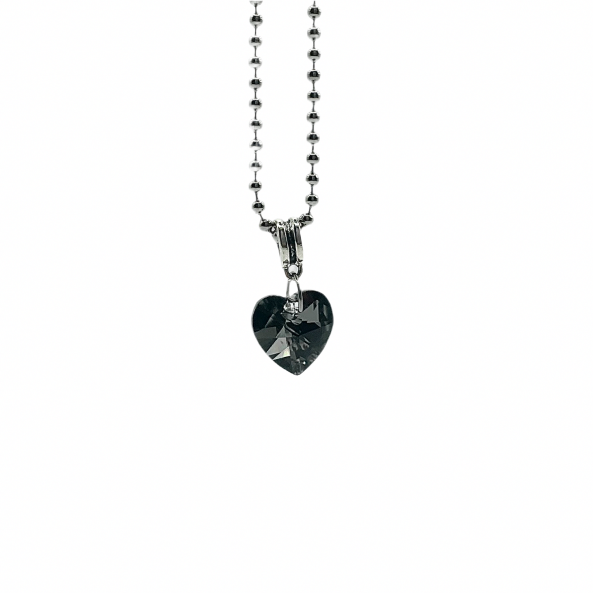 Charm Necklace with a heart-shaped sparkling gray crystal pendant on a white background
