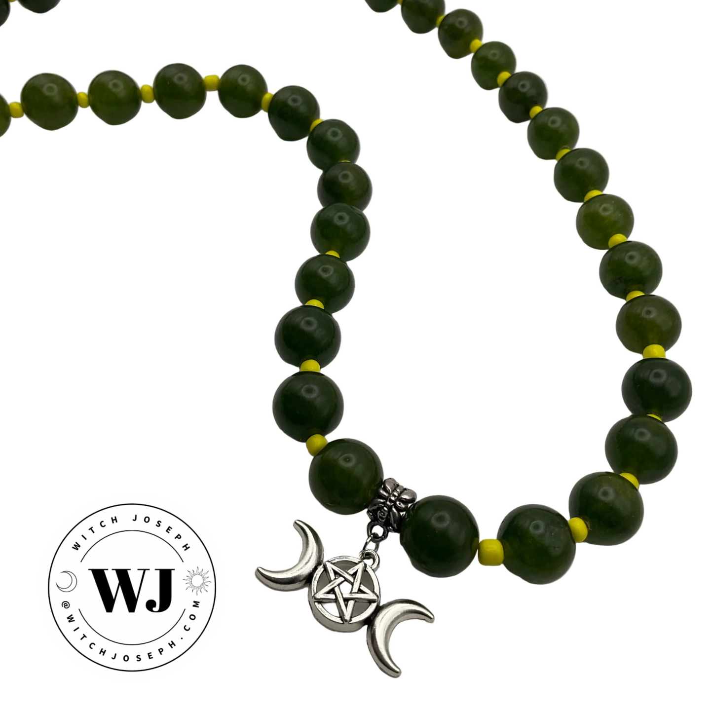 Green beaded necklace with neon yellow seed beads and a triple goddess pentacle pendant displayed against a white background with the Witch Joseph Logo