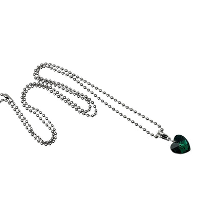 Ball chain Necklace with a heart-shaped green crystal pendant on a white background