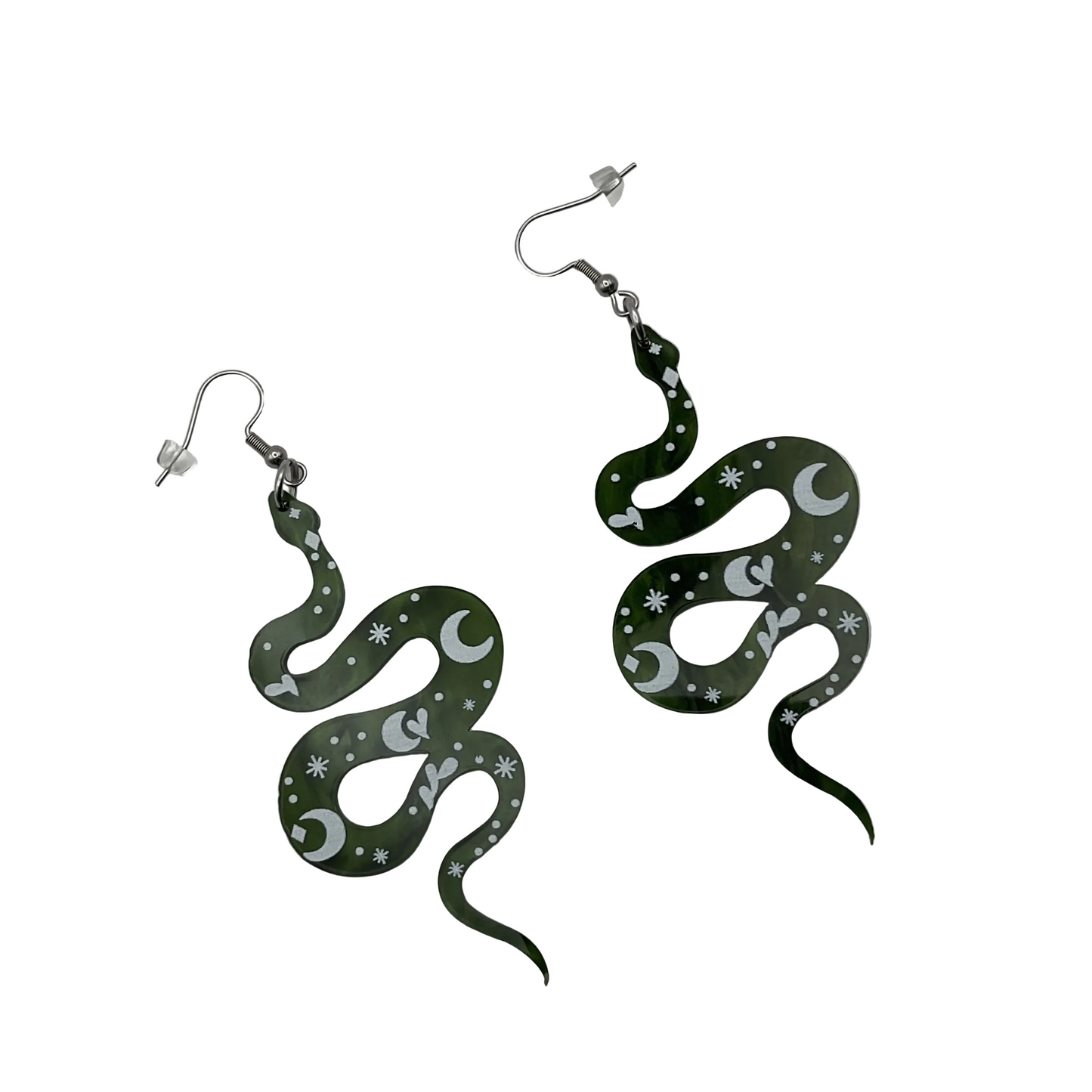Snake-shaped earrings with star and moon patterns displayed on a white background