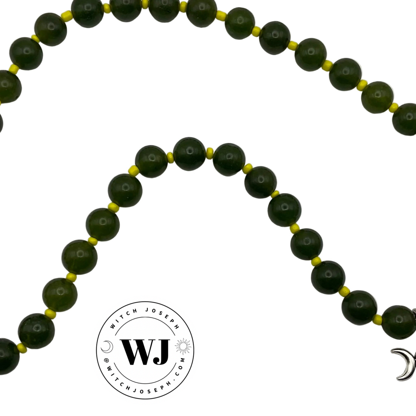 Green beaded Triple Goddess Talisman with Green beads and neon Yellow seed beads displayed against a white background with the Witch Joseph logo