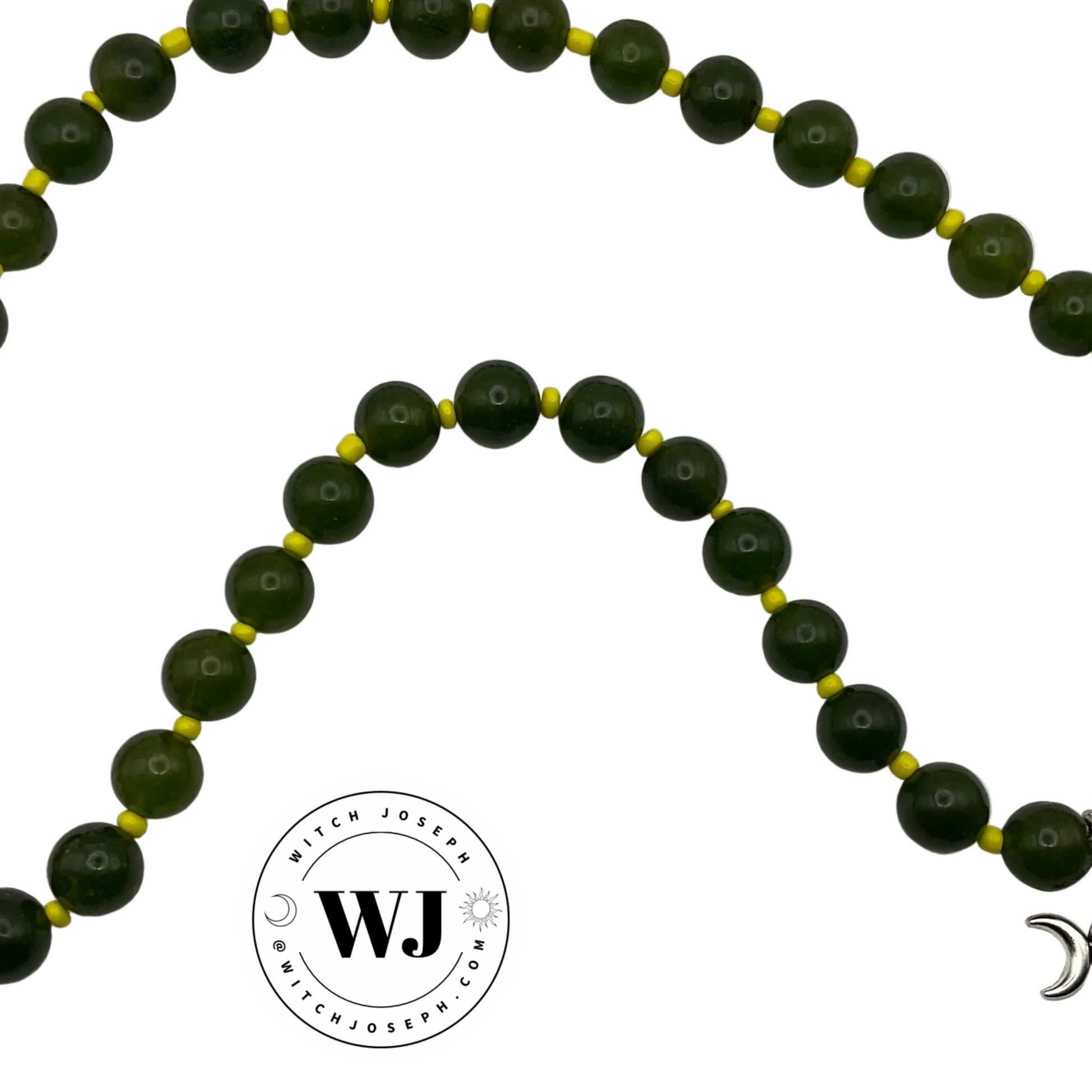 Green beaded Triple Goddess Talisman with Green beads and neon Yellow seed beads displayed against a white background with the Witch Joseph logo