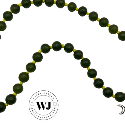 Green beaded Triple Goddess Talisman with Green beads and neon Yellow seed beads displayed against a white background with the Witch Joseph logo