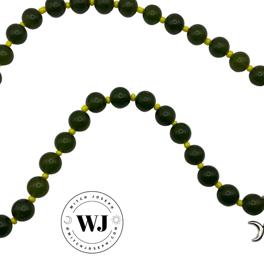Green beaded Triple Goddess Talisman with Green beads and neon Yellow seed beads displayed against a white background with the Witch Joseph logo