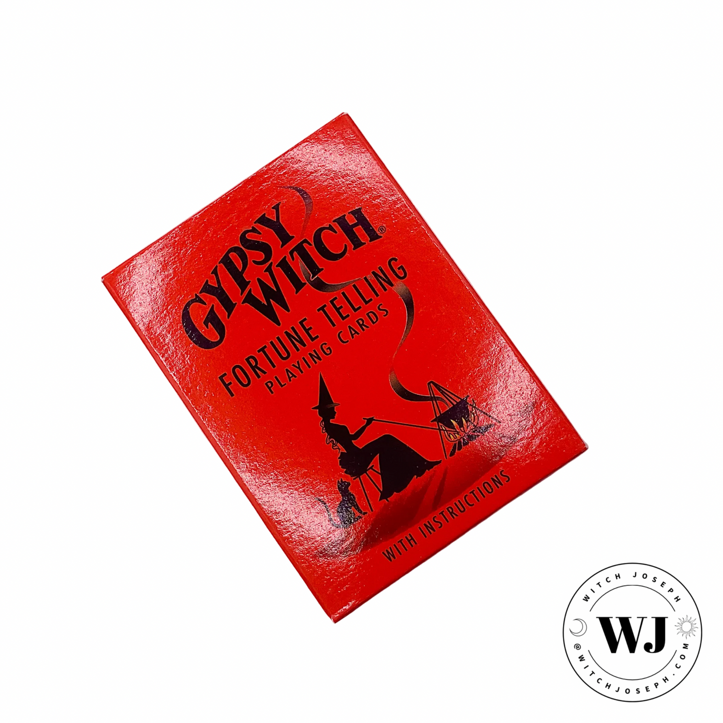 Red card deck packaging with 'Gypsy Witch' text and silhouette design on a white background.