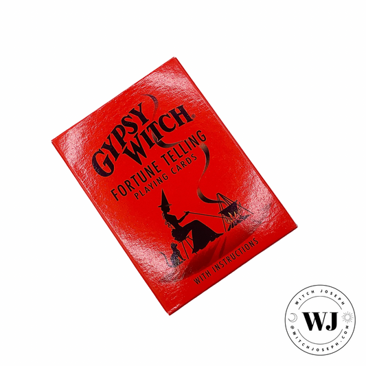 Red card deck packaging with 'Gypsy Witch' text and silhouette design on a white background.