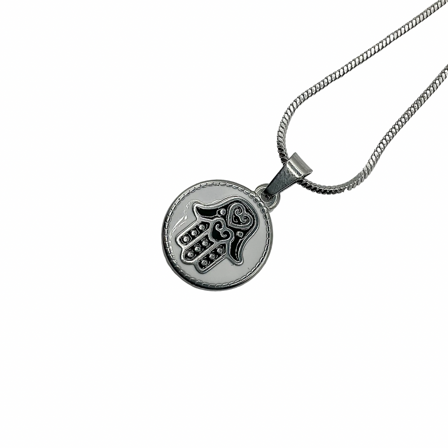 A Hamsa Hand talisman on stainless steel chain against a white background 