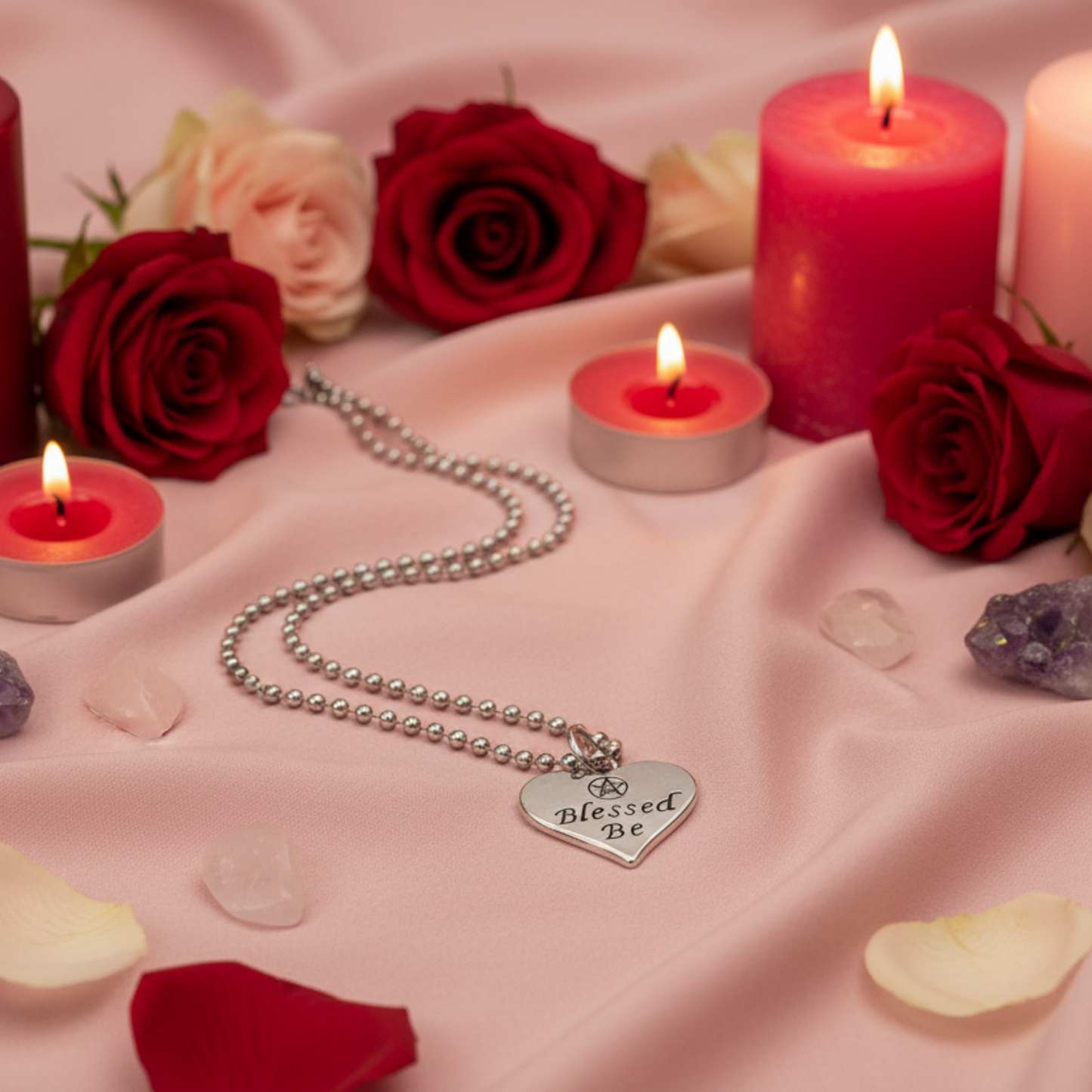 Silver tone necklace with a heart-shaped pendant that says “Blessed Be” on a pink fabric background with pink and red crystals, candles and flowers.