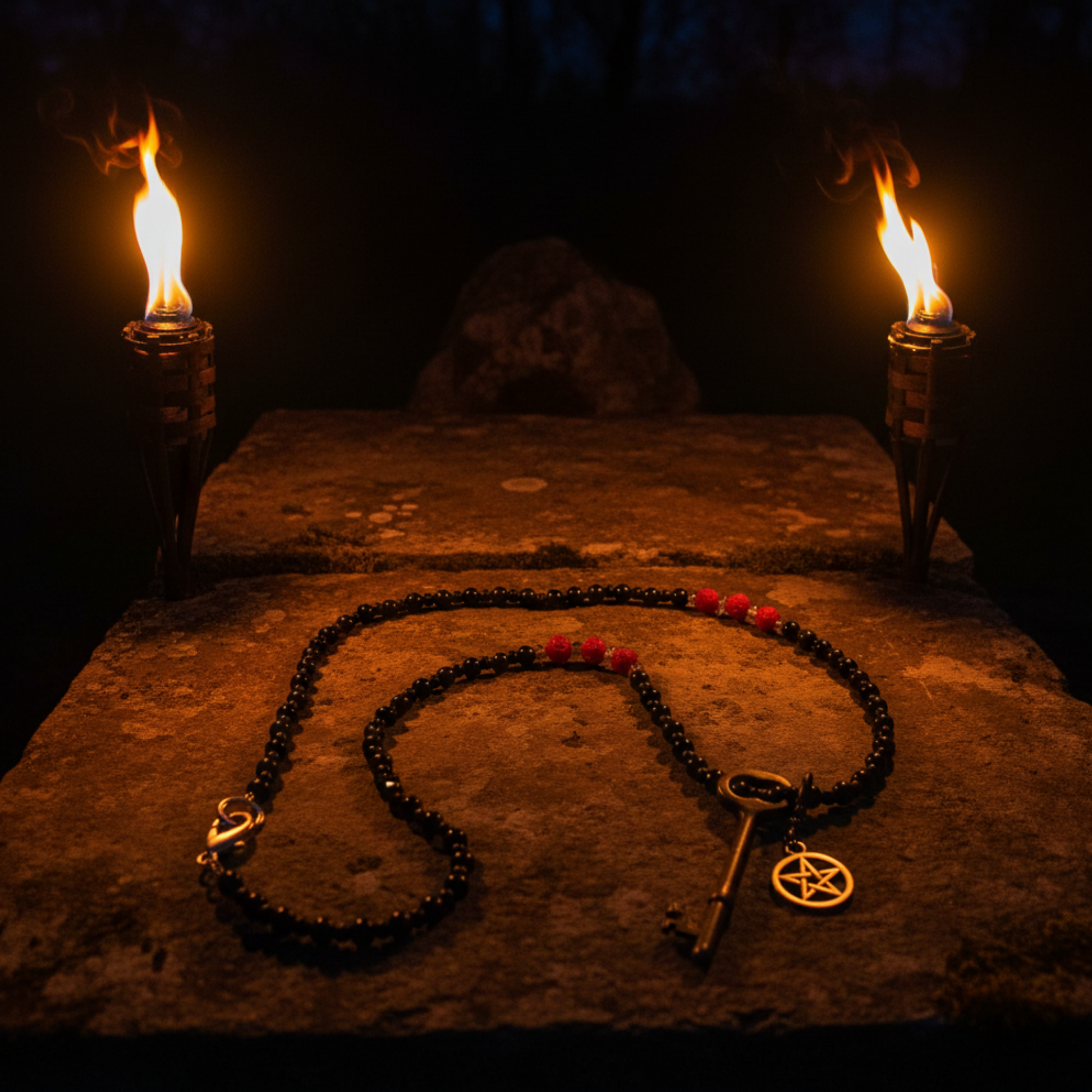 Black beaded Hekate necklace with red coral and labradorite chip accents with vintage key and pentacle charm on a stone surface with two lit torches in the background.