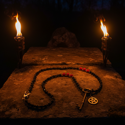 Black beaded Hekate necklace with red coral and labradorite chip accents with vintage key and pentacle charm on a stone surface with two lit torches in the background.