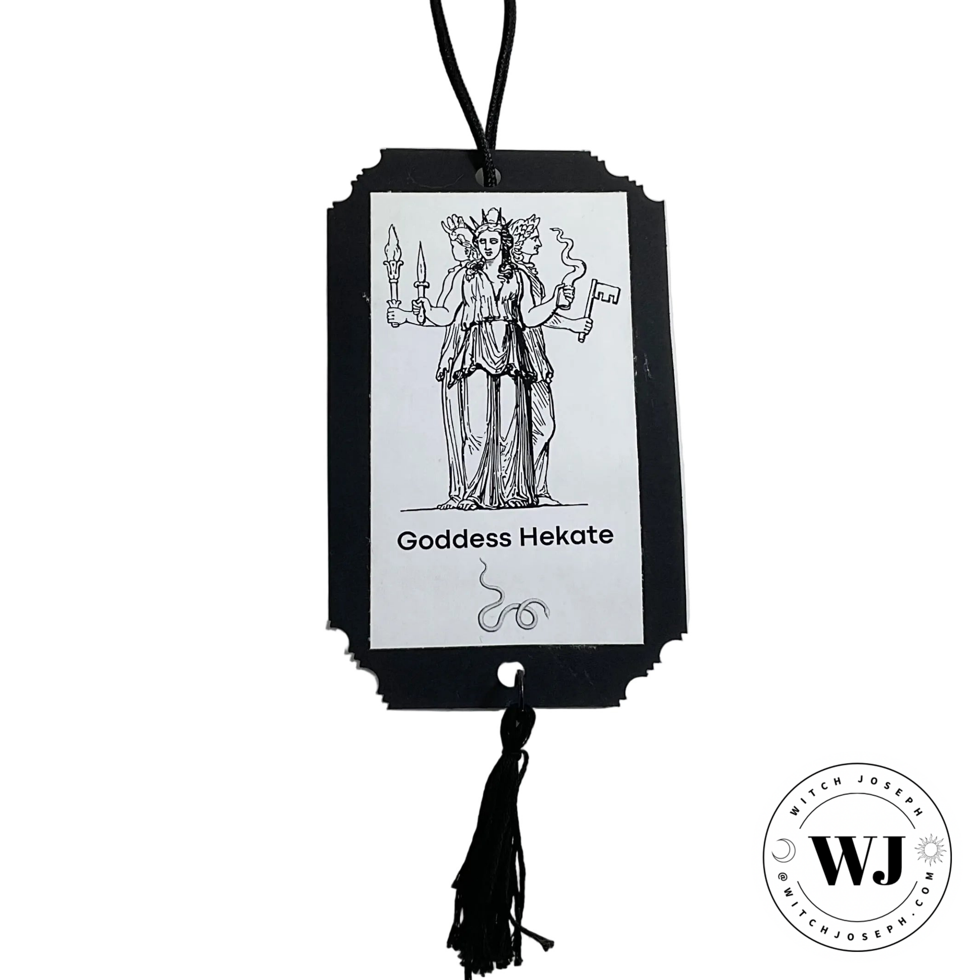 Decorative prayer card with illustration of Goddess Hekate and text on a white background