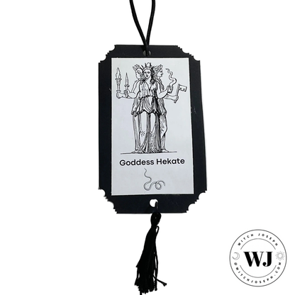 Decorative prayer card with illustration of Goddess Hekate and text on a white background
