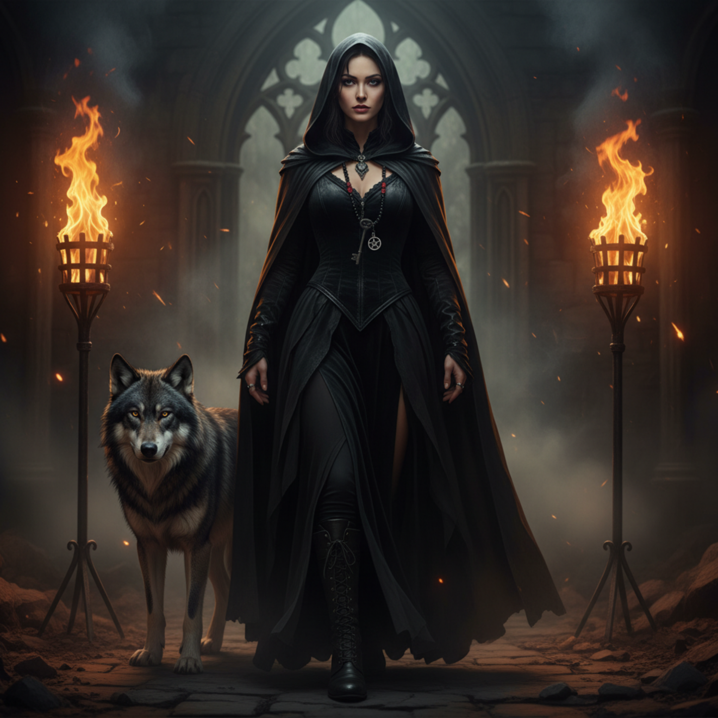 Woman in a dark hooded cloak standing with a wolf in a gothic setting with flaming torches…wearing the Witch Joseph Hekate Talisman with black beads and red coral and labradorite chips…complete with pentacle and vintage key