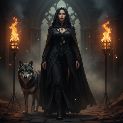 Woman in a dark hooded cloak standing with a wolf in a gothic setting with flaming torches…wearing the Witch Joseph Hekate Talisman with black beads and red coral and labradorite chips…complete with pentacle and vintage key