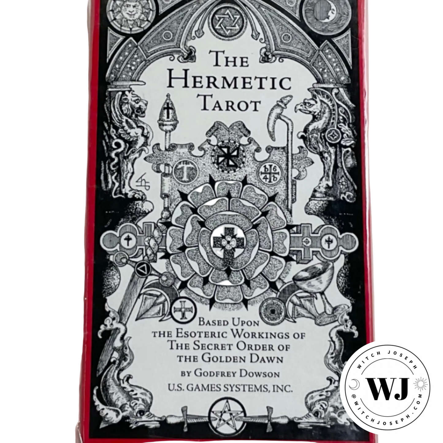 The Hermetic Tarot box cover with intricate designs and text on a white background