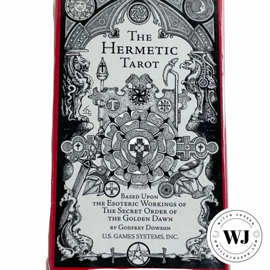 The Hermetic Tarot box cover with intricate designs and text on a white background