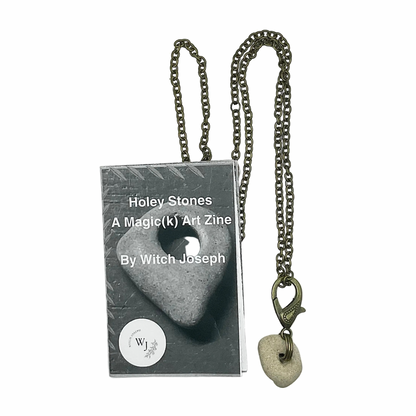 Bronze tone Necklace with Holey Stone pendant next to a zine titled 'Holey Stones' by Witch Joseph on a white background