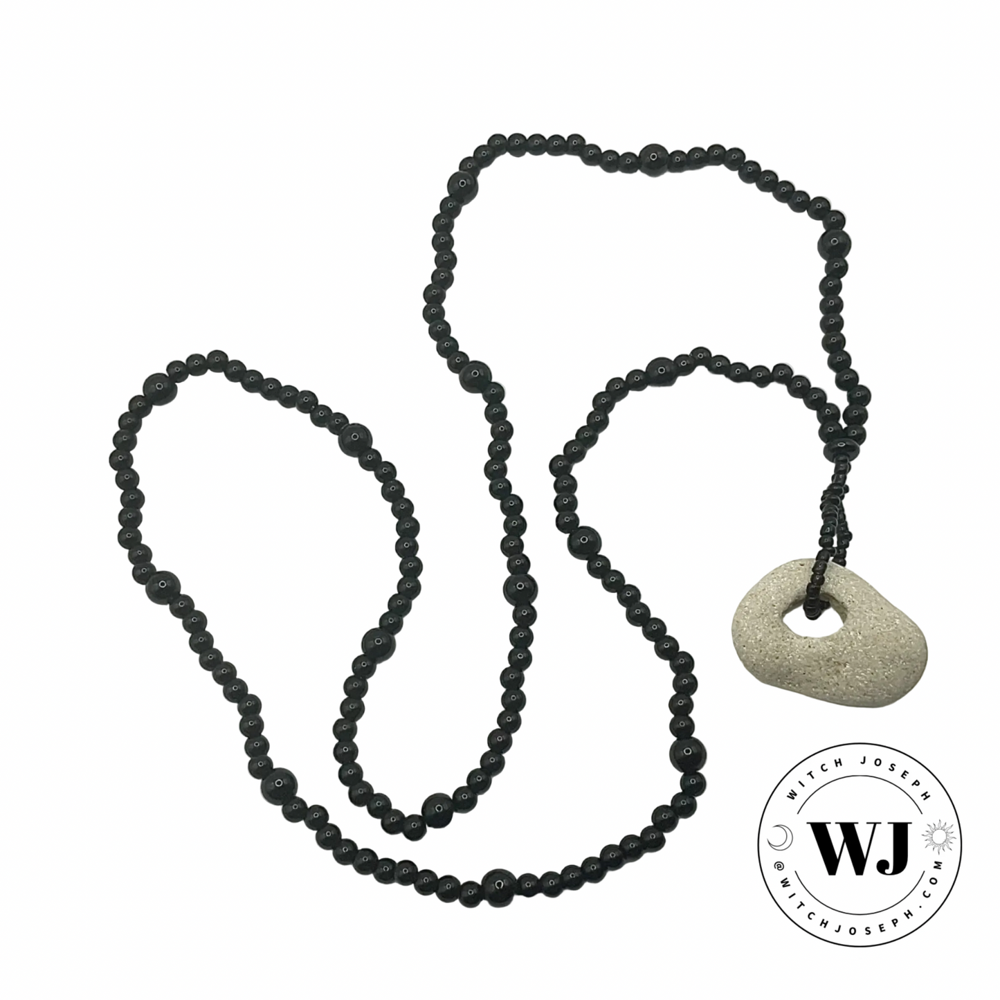 Black beaded necklace with a Holey stone pendant displayed on a white background, featuring the WJ logo.