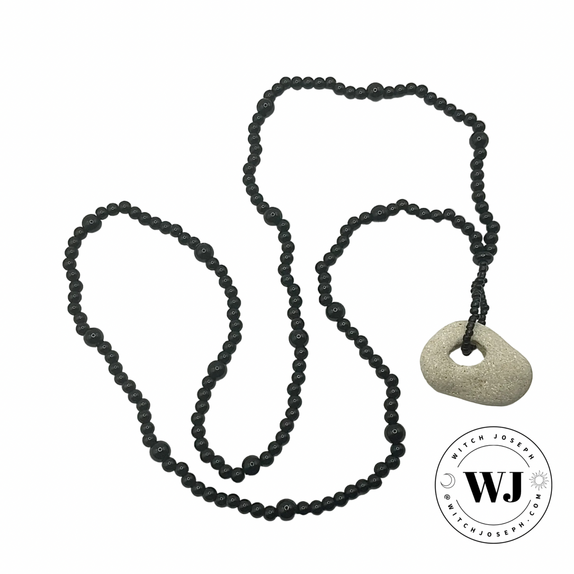 Black beaded necklace with a Holey stone pendant displayed on a white background, featuring the WJ logo.