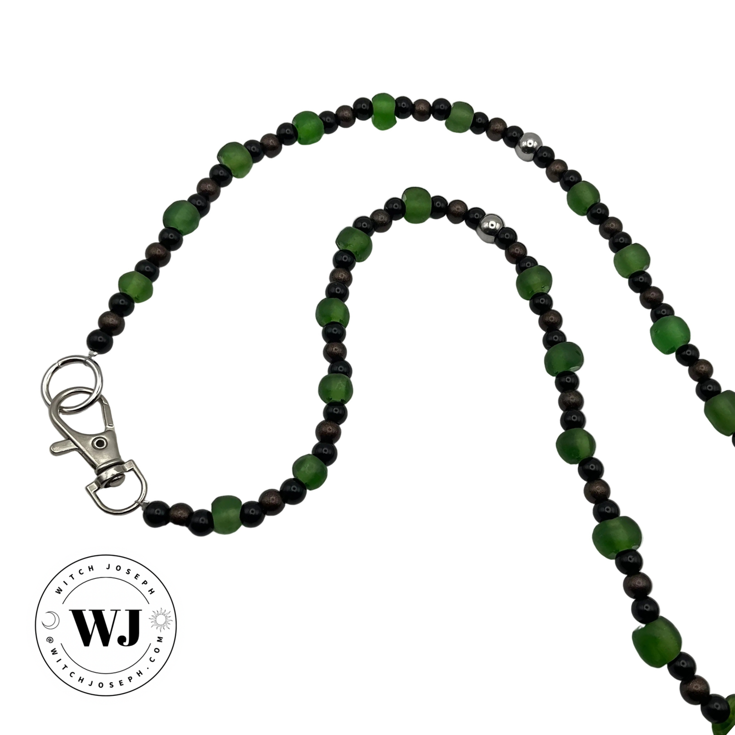 Black and green beaded necklace with a silver tone metal swivel lobster clawclasp displayed on a white background, featuring the brand 'WJ'.
