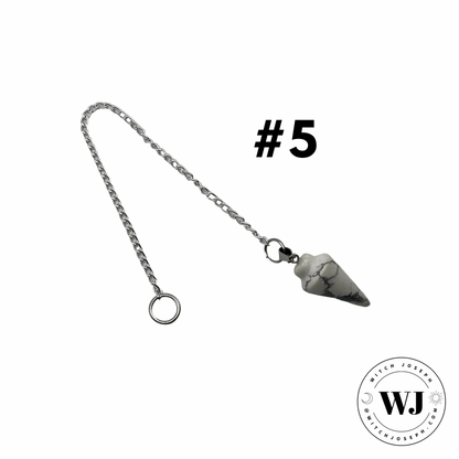 White marbled Howlite pendulum on a chain with '#5' and 'WJ' logo on a white background