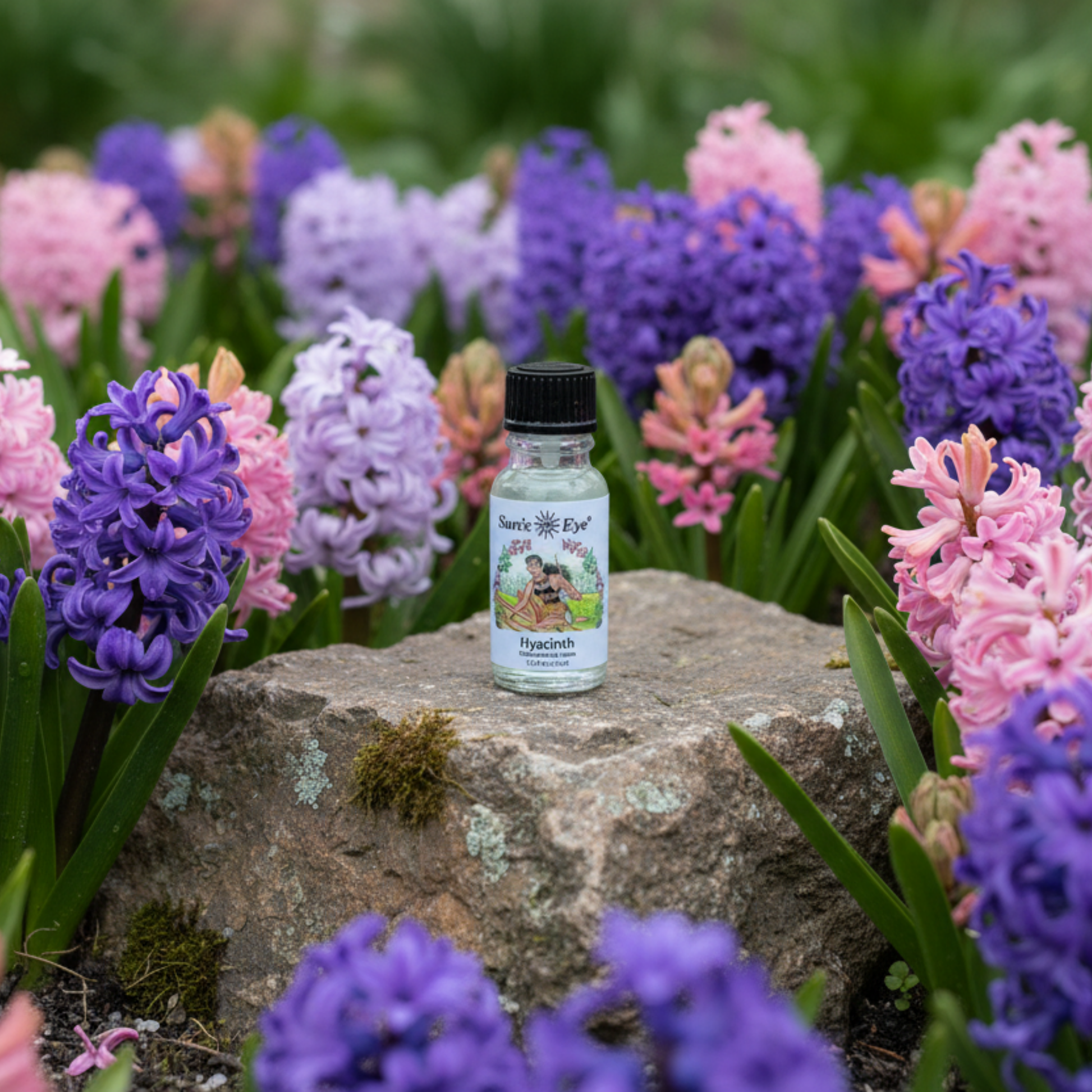 Bottle of Suns Eye hyacinth oil on a stone surrounded by pink and purple hyacinths.