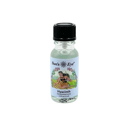 Bottle of Sun's Eye Hyacinth oil on a white background