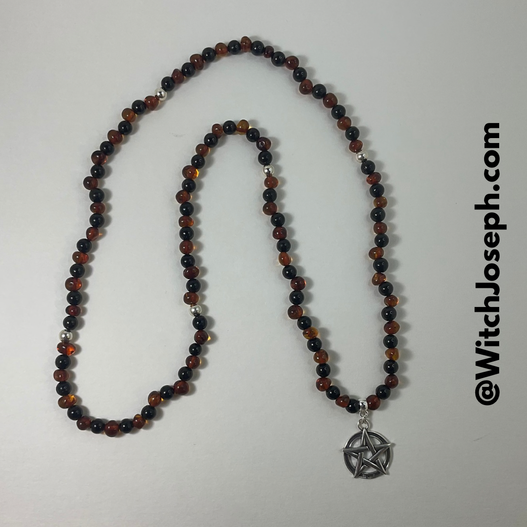 Baltic Amber and Jet Necklace, with sterling silver Pentacle and accent beads