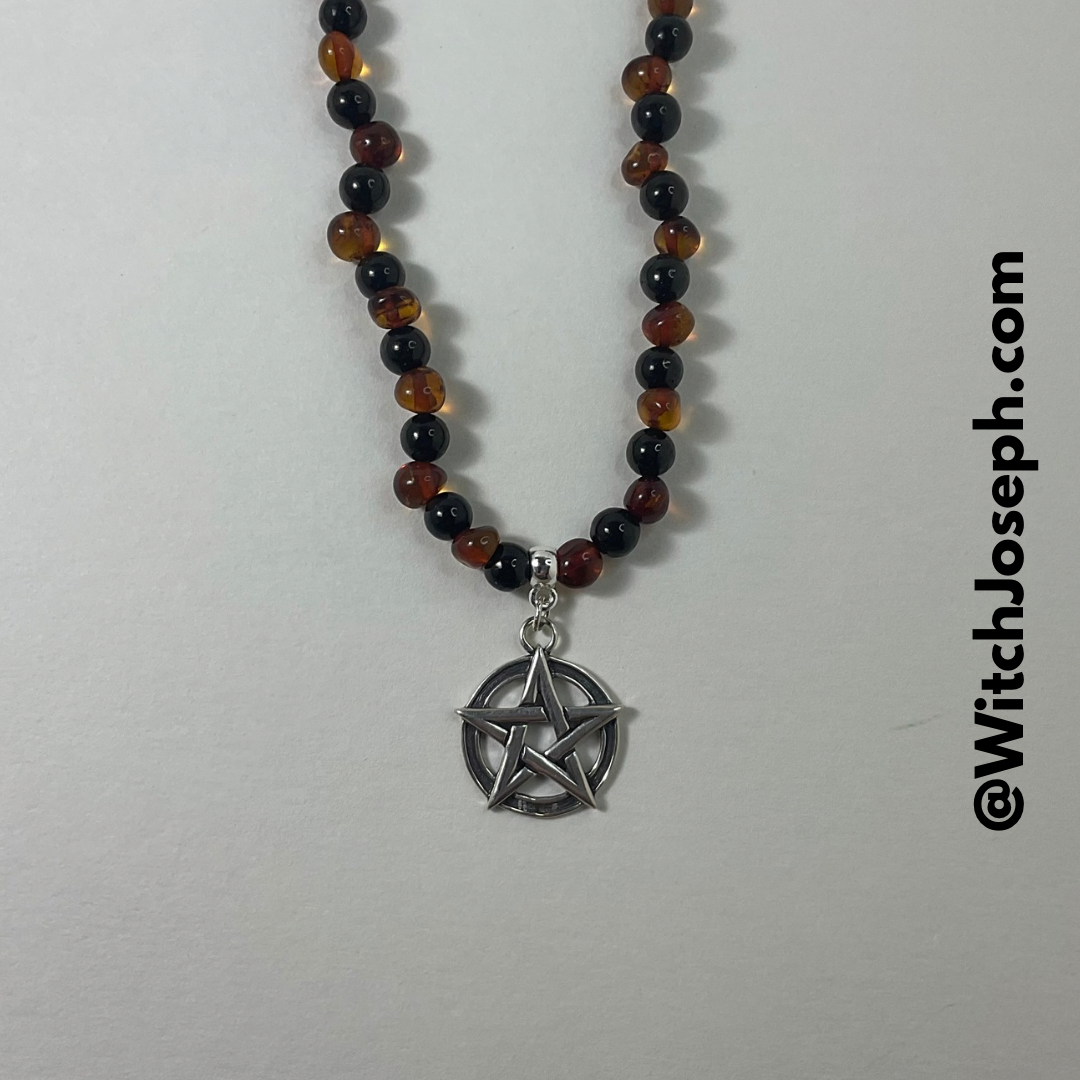 Baltic Amber and Jet Necklace, with sterling silver Pentacle and accent beads