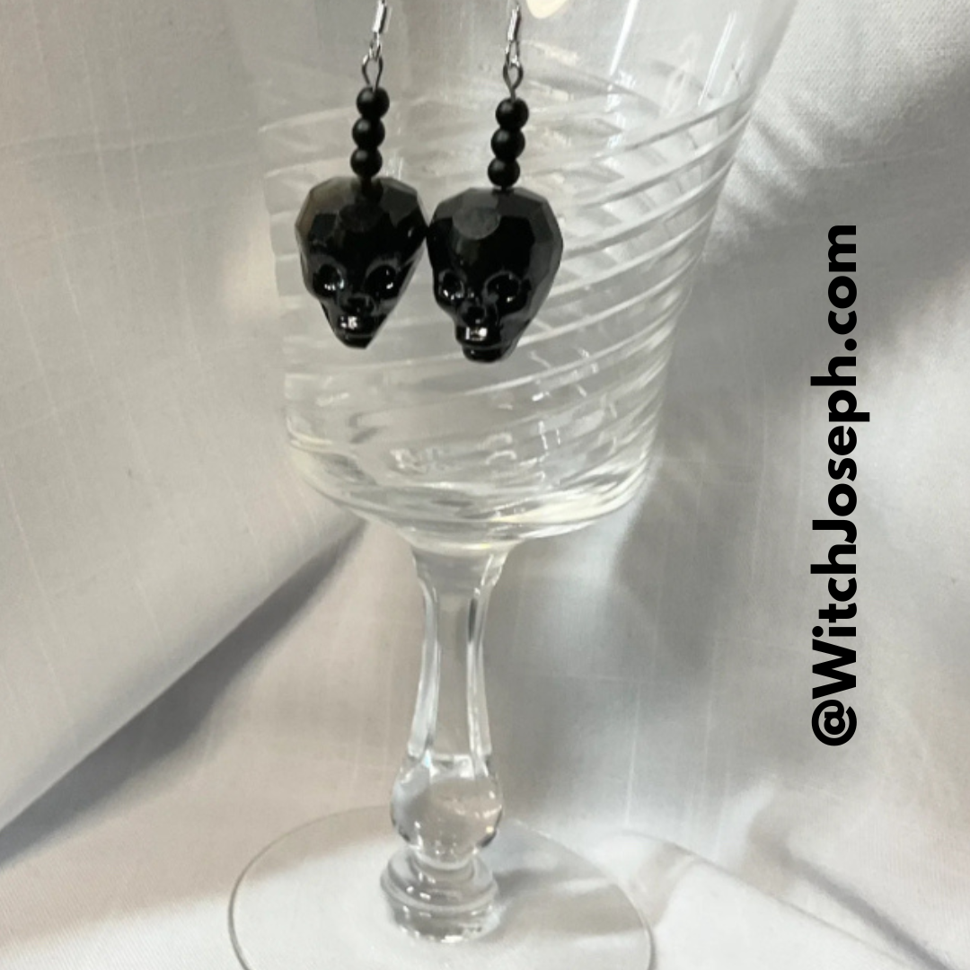 Faceted Black Glass Skull Earrings