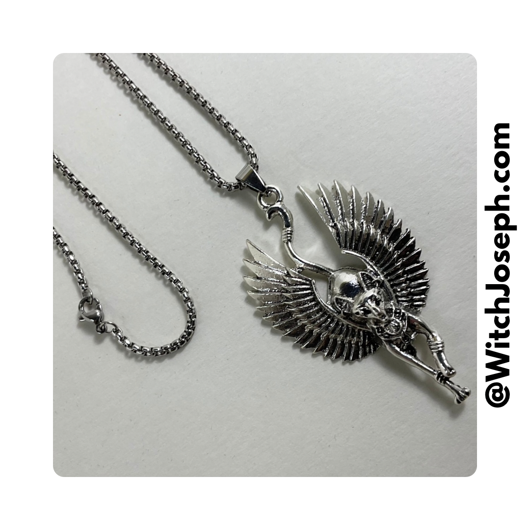 Bastet with Wings Metal Pendant on Stainless Steel Chain