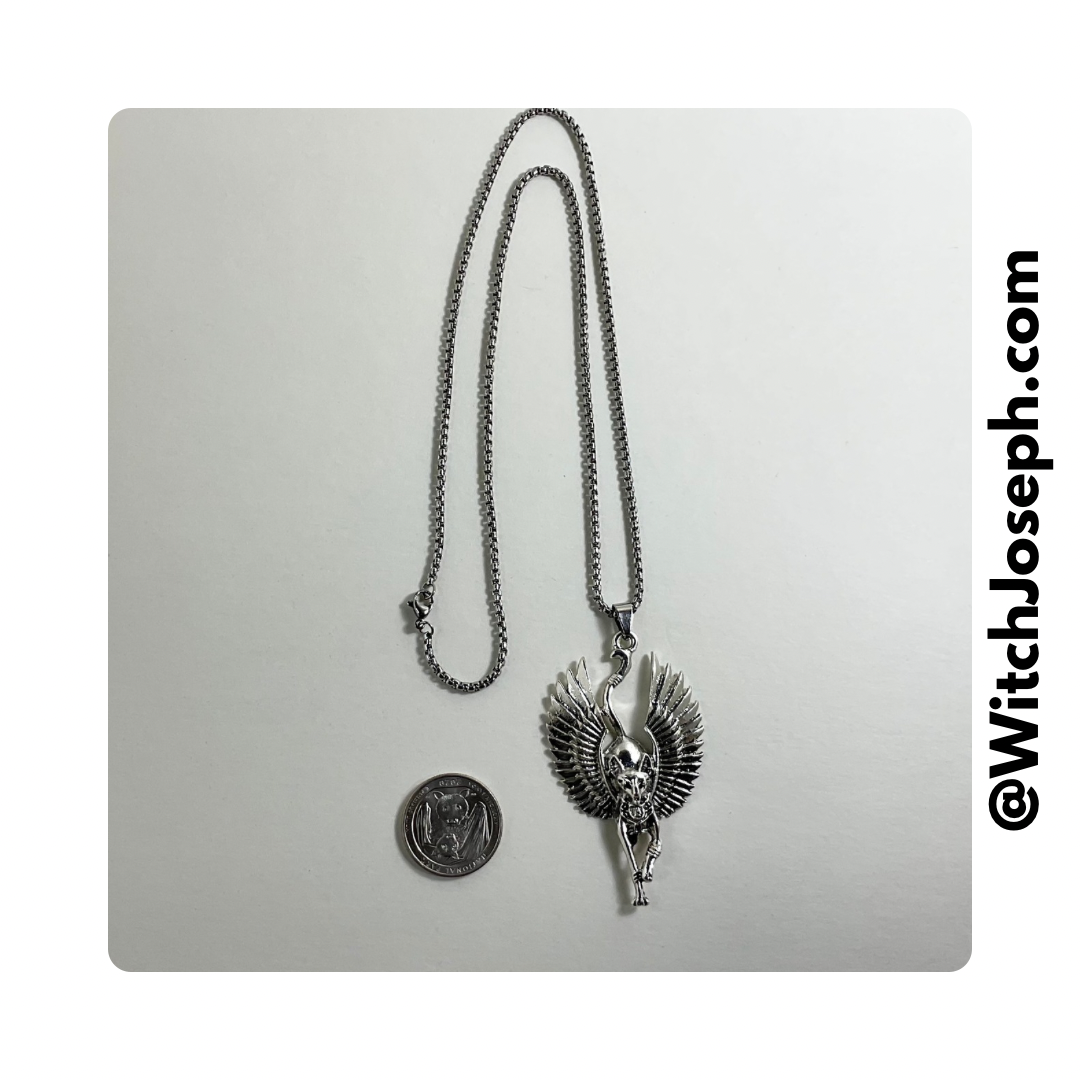 Bastet with Wings Metal Pendant on Stainless Steel Chain