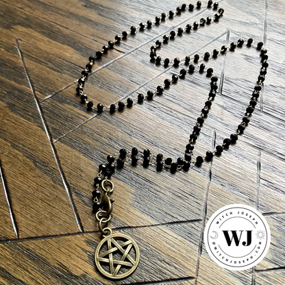 Delicate Bronze Pentacle Necklace – Interwoven Pentagram Pendant with Elemental Symbolism on Black Crystal Beaded Copper Chain