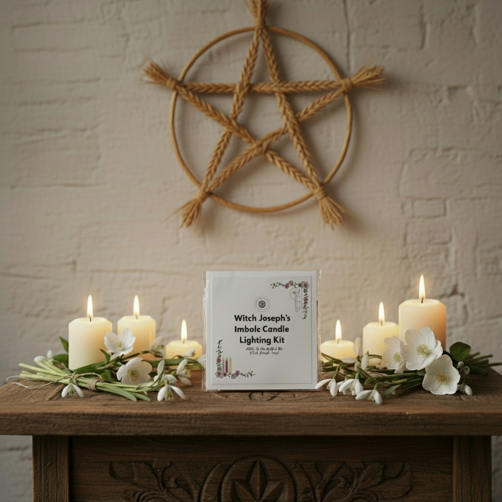 The Witch Joseph Imbolc Candle Lighting Kit shown on a Witch altar with lit white candles and candlemas flowers.