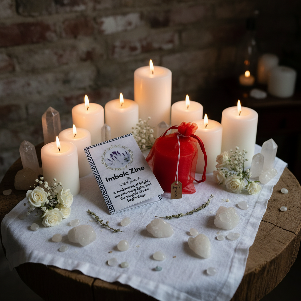The Contents of the Witch Joseph Imbolc Candle Lighting kit shown on an Imbolc Candlemas witch altar with white candles, herbs and stones.