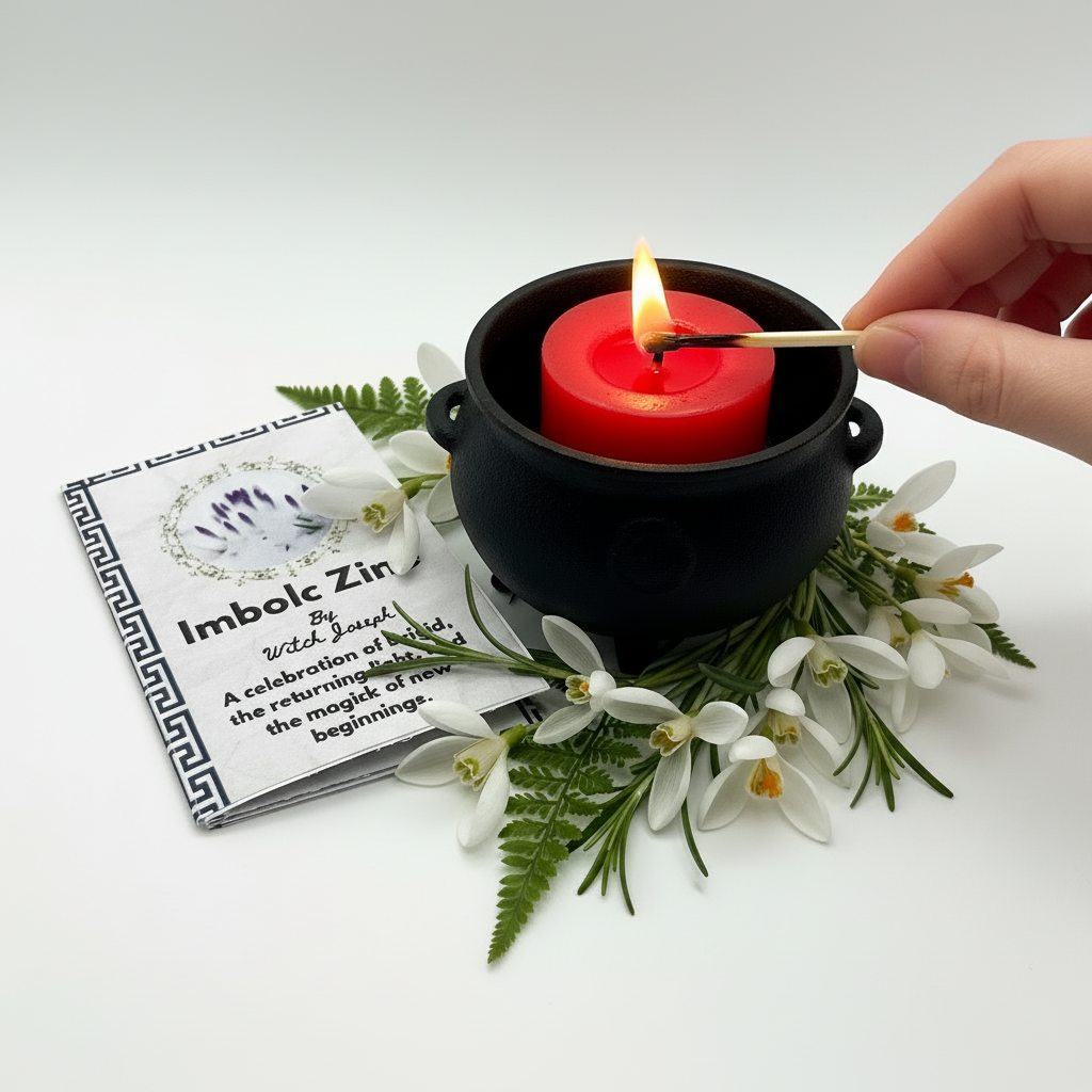 Imbolc Candle shown with Imbolc Zine…Imbolc Candle is in a cauldron surrounded by snowdrop flowers and is shown being lit in the candle lighting ceremony.