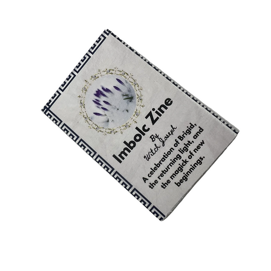 Zine titled 'Imbolc Zine' with decorative elements on a white background