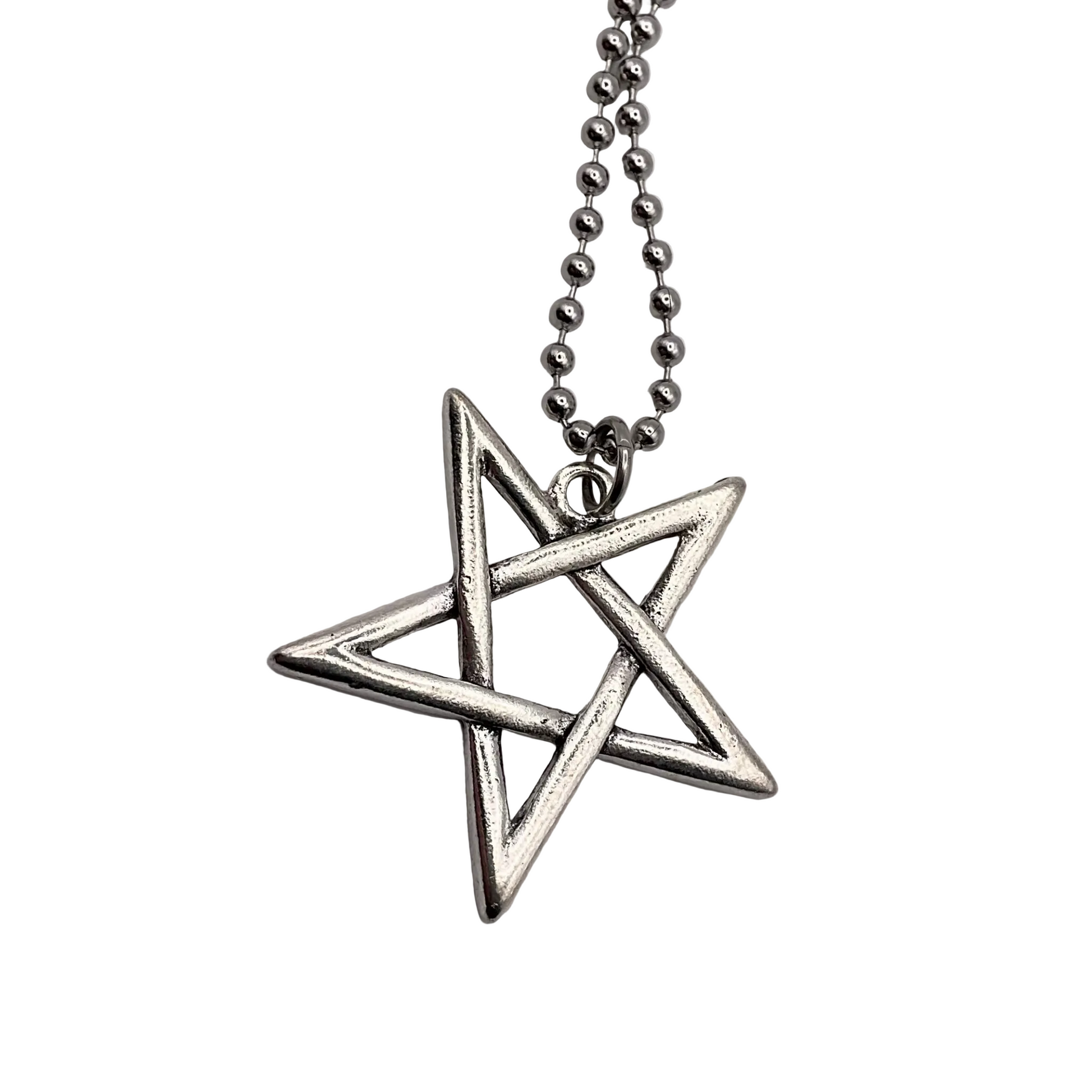 Silver star-shaped inverted Pentagram pendant on a chain against a white background