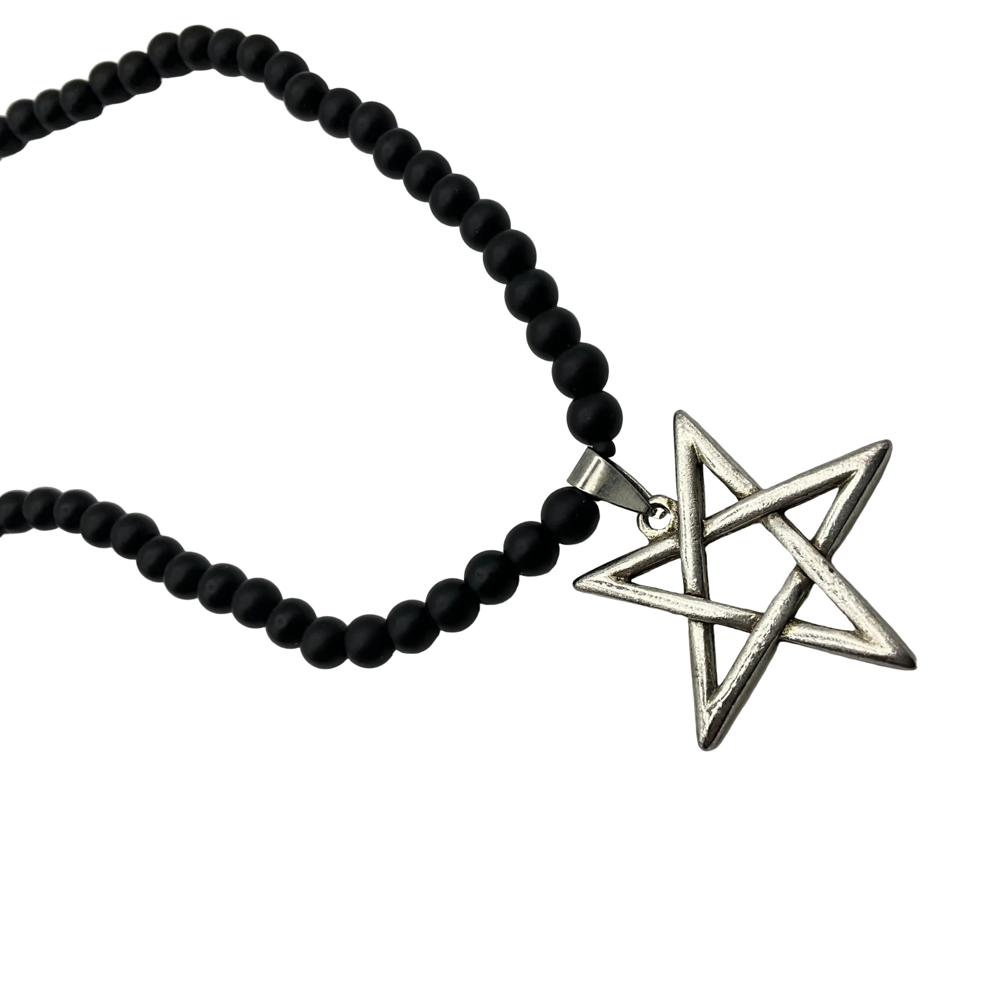 Black beaded necklace with a silver pentagram pendant on a white background