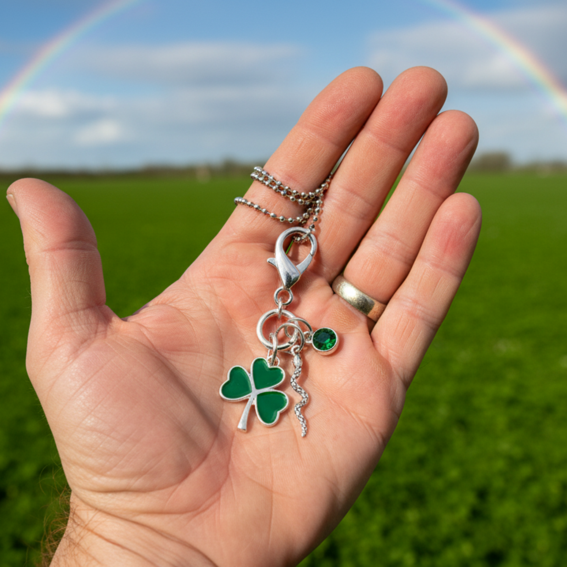 Hand holding a necklace with a green shamrock a snake and a green crystal charm necklace against a green field and rainbow background
