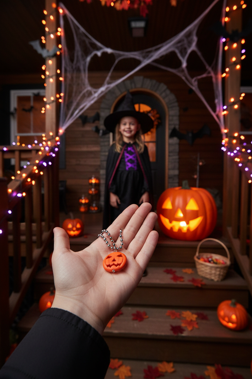 A hand in the foreground holds a small carved orange jack-o-lantern pumpkin pendant on a silver ball chain, while a young girl in a witch costume stands on a decorated front porch with pumpkins, cobwebs, and string lights in the background.