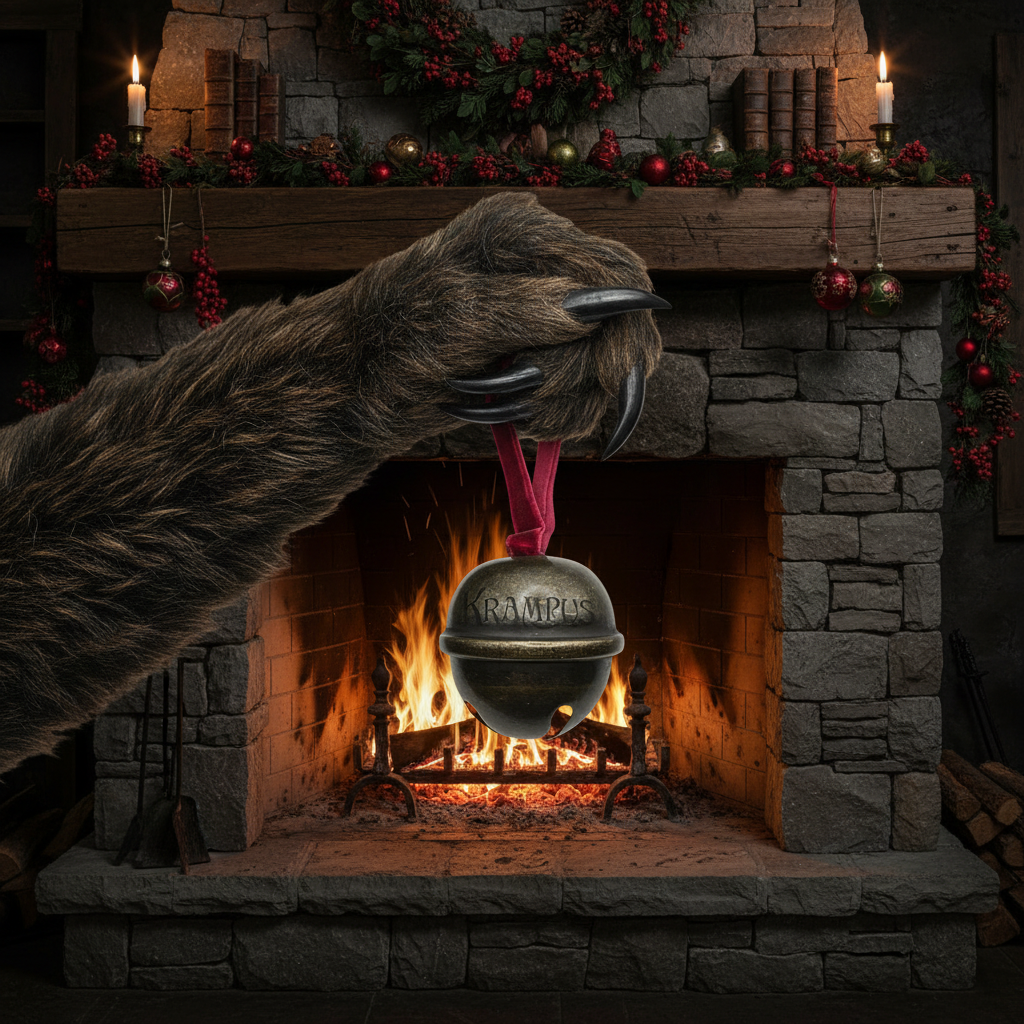 Furry paw holding a bell ornament with 'Krampus' text in front of a holiday fireplace.