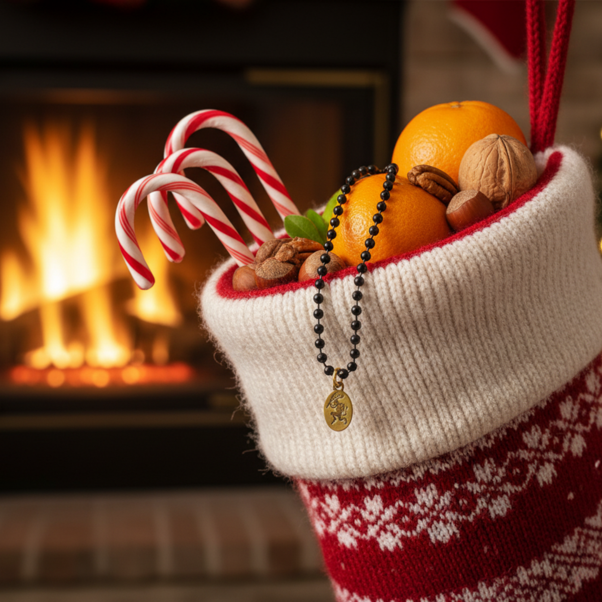 Christmas stocking filled with candy, nuts, and oranges and a Krampus necklace in front of a fireplace.