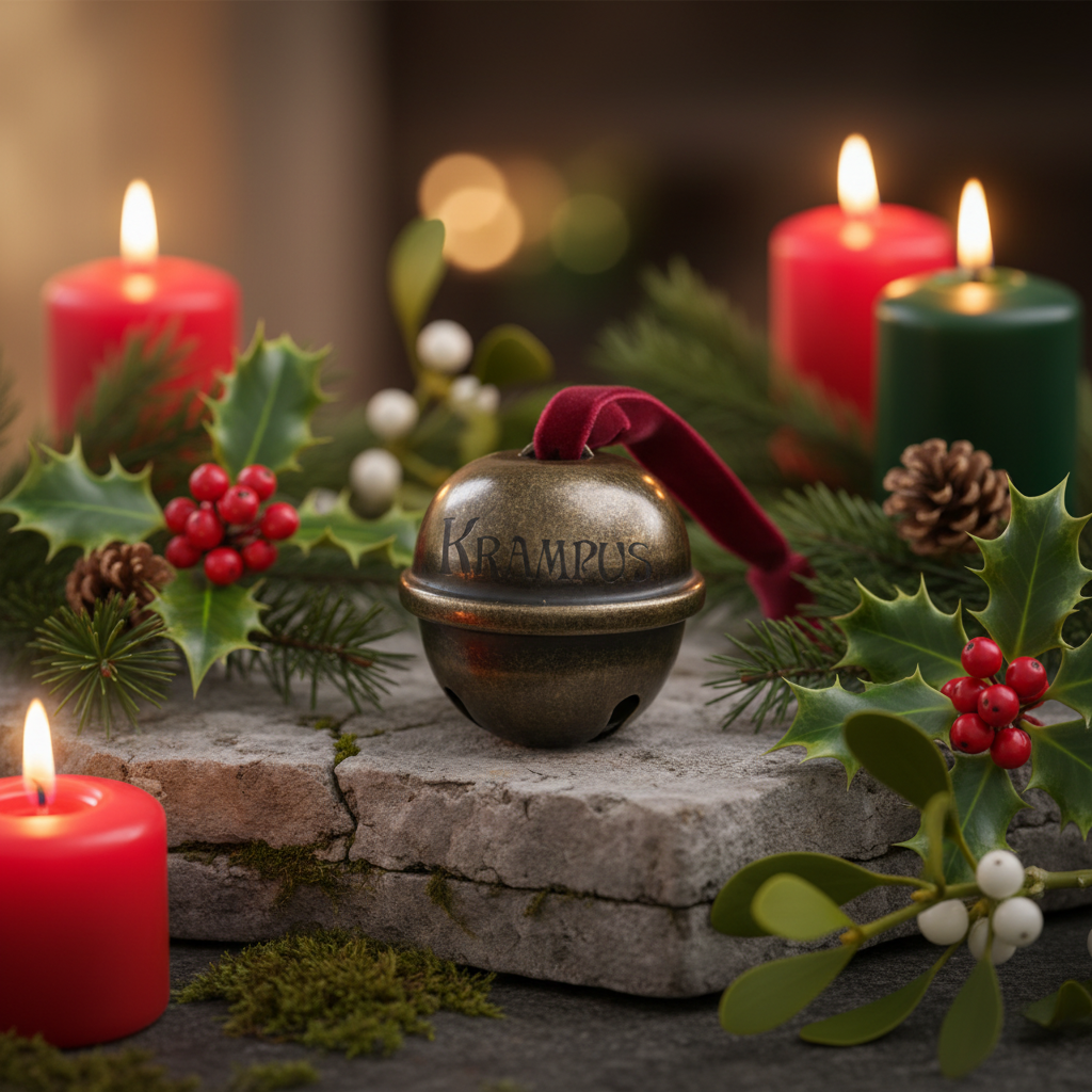 Decorative bell with 'Krampus' text surrounded by candles and holly leaves on a stone surface.