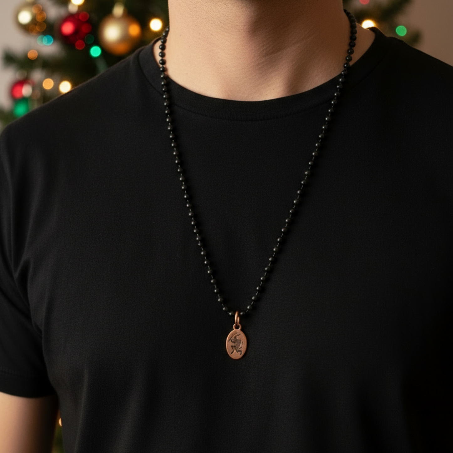 Copper Krampus charm being worn by a person in a black shirt with a Christmas tree in the background