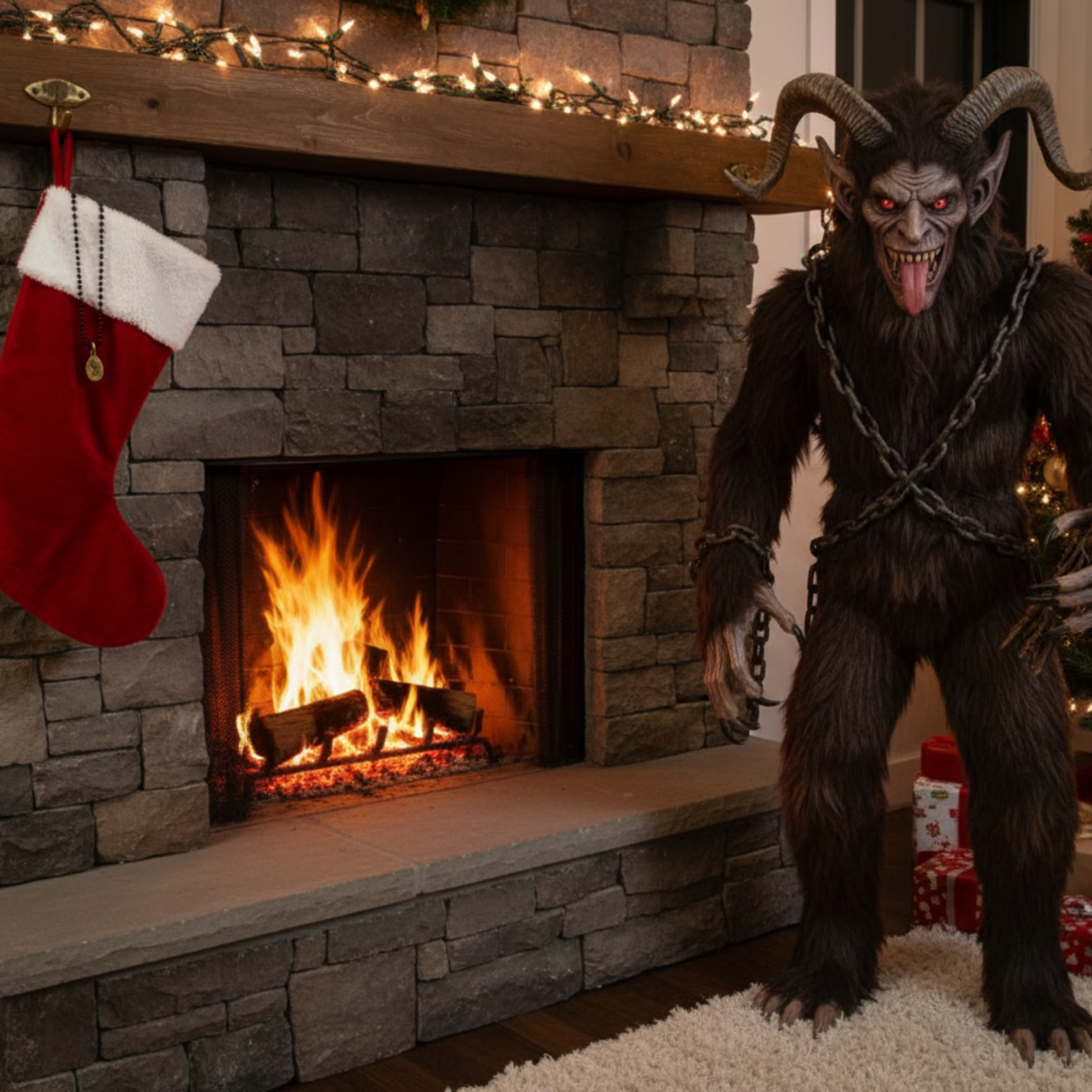 Person in a Krampus costume standing in front of a fireplace with Christmas decorations…and a Krampus charm necklace hanging on a stocking 