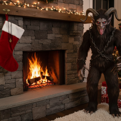 Person in a Krampus costume standing in front of a fireplace with Christmas decorations…and a Krampus charm necklace hanging on a stocking 