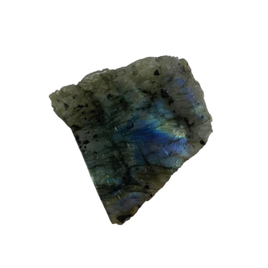 Labradorite stone with blue and green patterns on a white background
