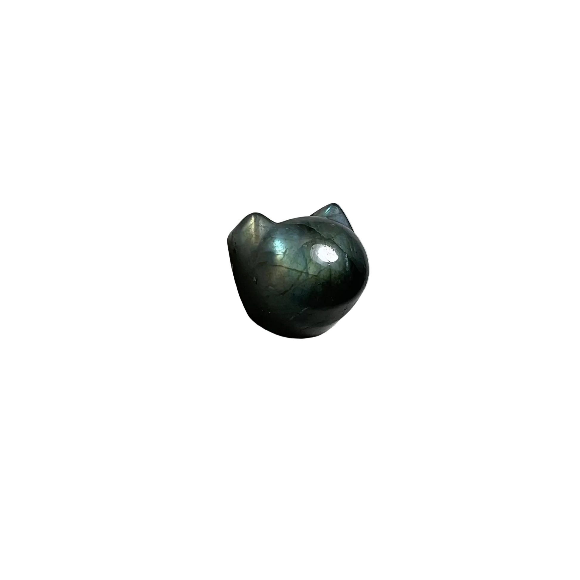Cat-shaped Labradorite displayed on a white background